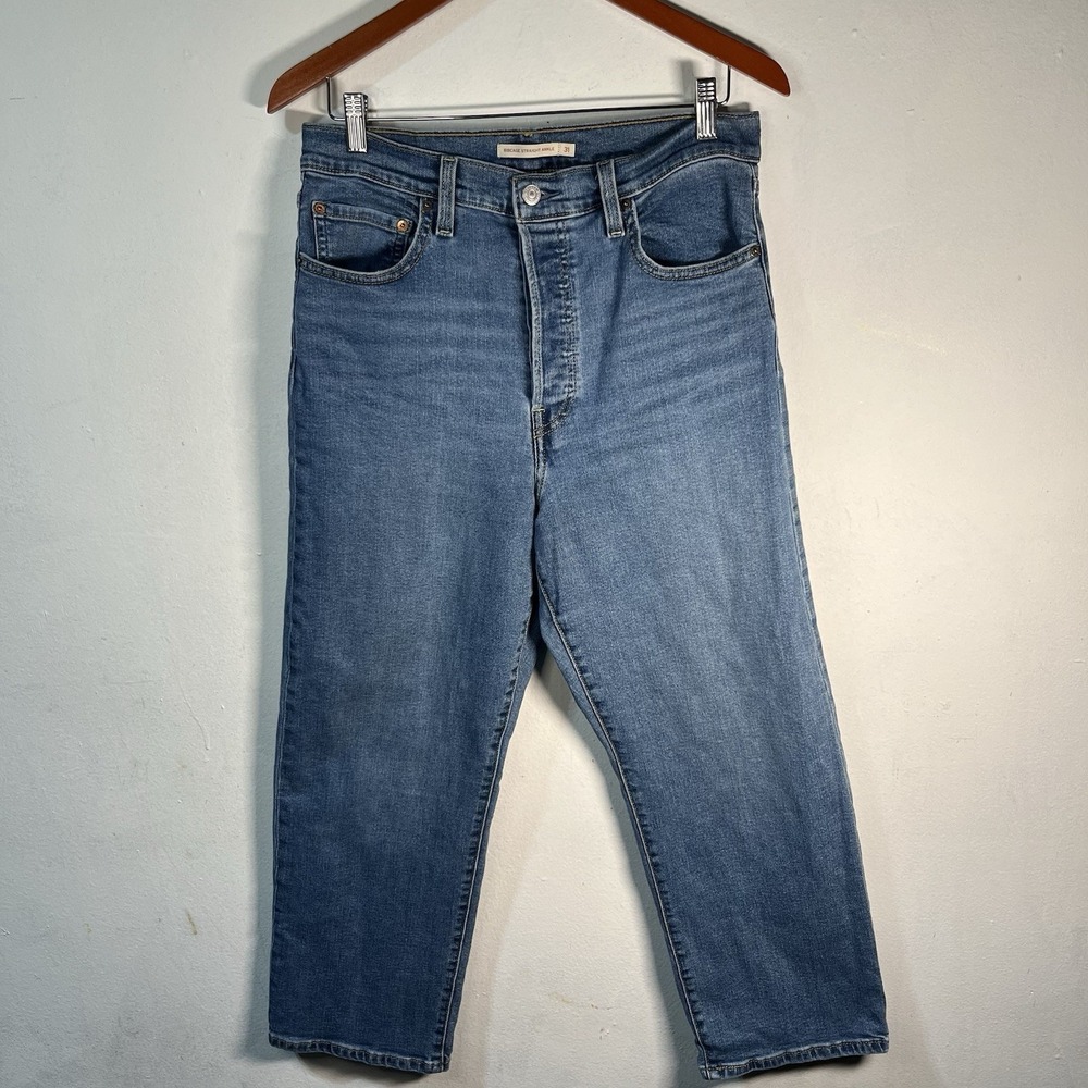 Levi's Ribcage Straight Ankle Jeans Women 31 High Rise Button Fly Blue Denim
